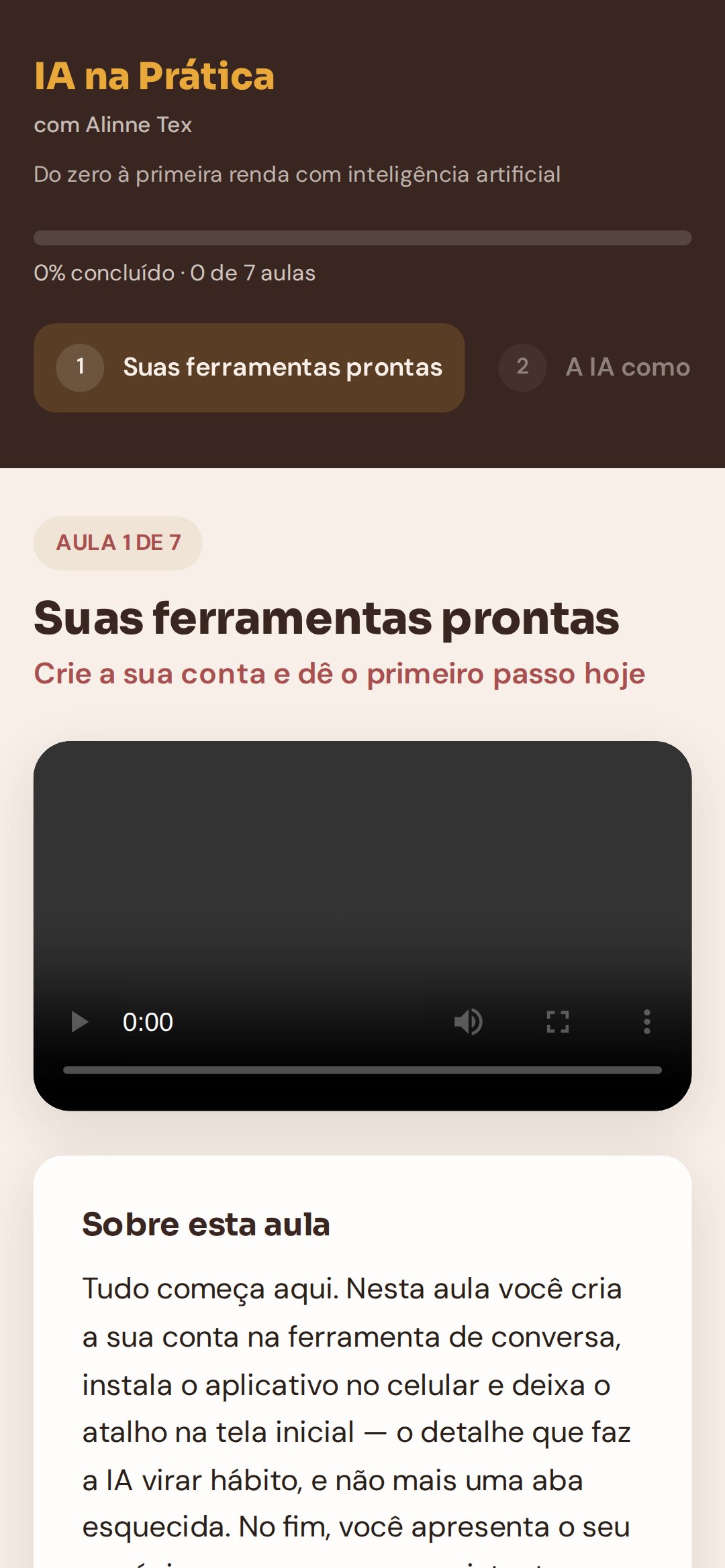 Tela real da plataforma IA na Prática, com progresso e primeira aula