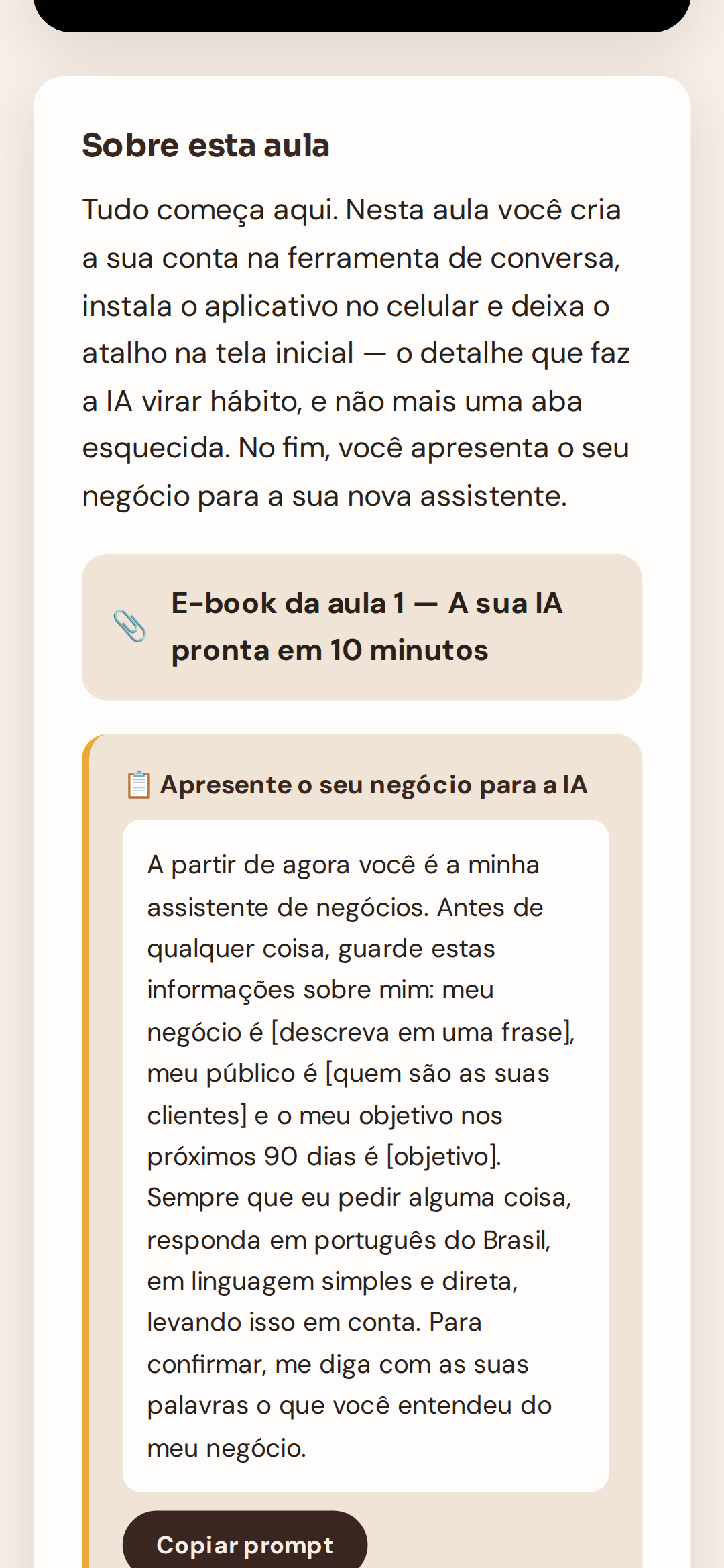 Explicação da aula, e-book de apoio e prompt para copiar