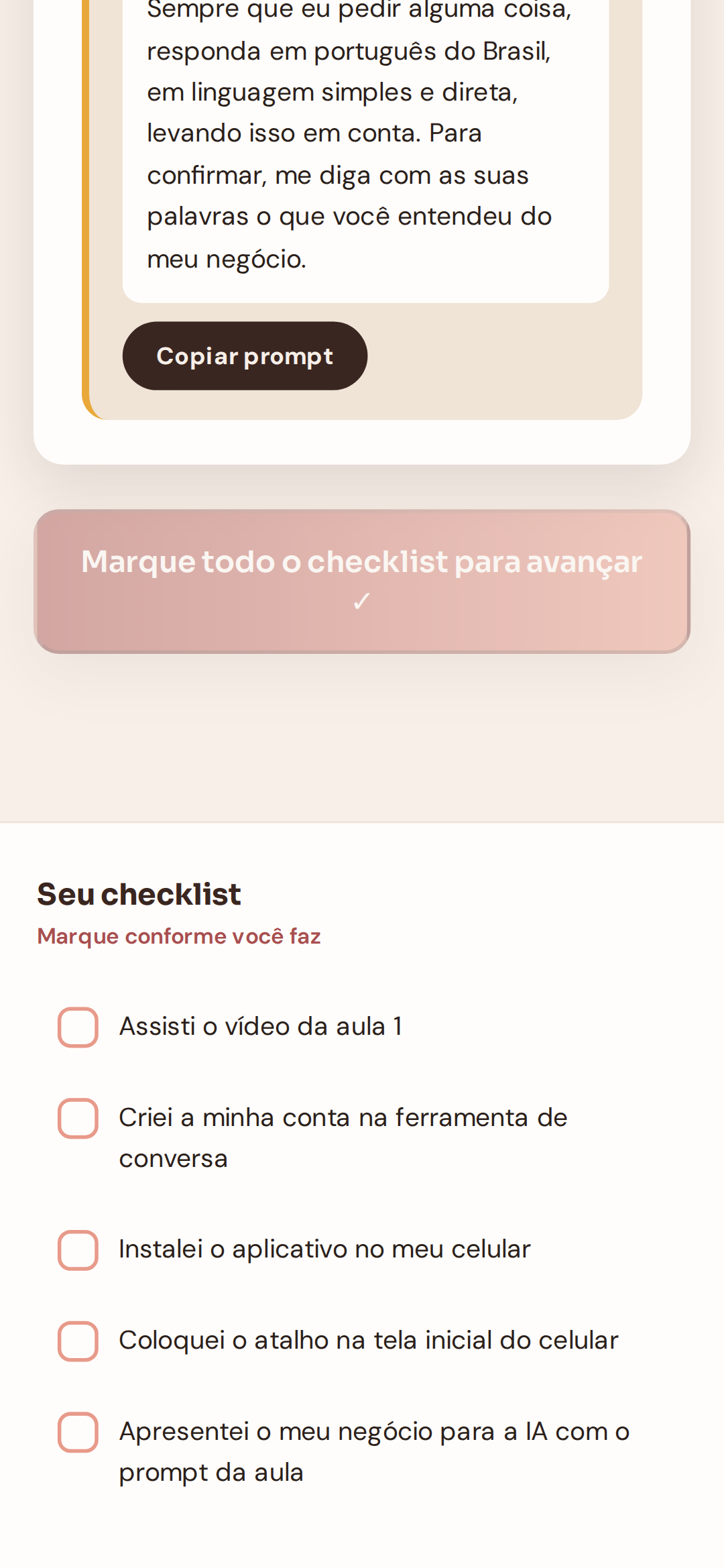 Checklist com ações práticas da primeira aula